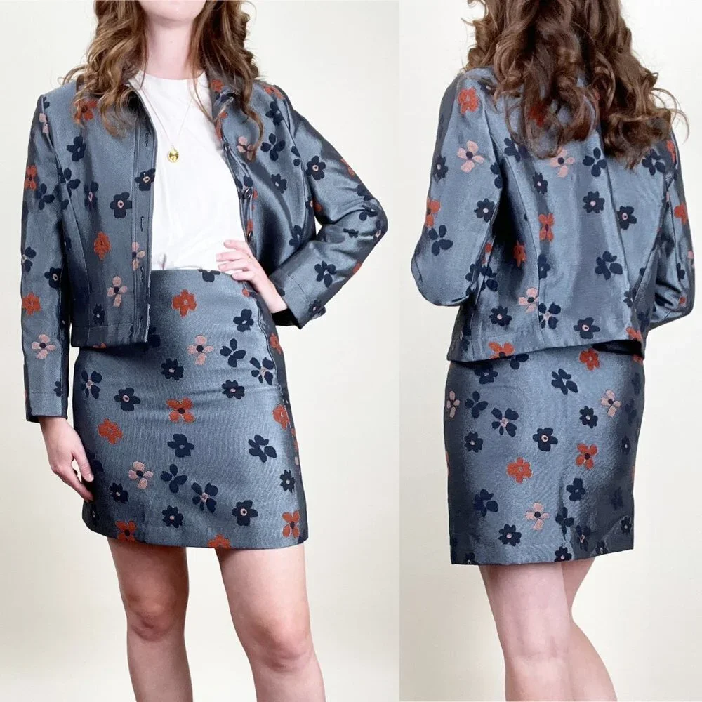 Vintage Flower Power Mini Skirt Jacket Set Coordinating Matching Floral Suit - Picture 1 of 5